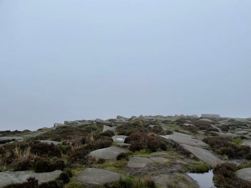 A moody scene. A mossy, rocky landscape stretches ahead then suddenly stops. An edge. Fog obscures the view, and the drop.