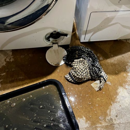 A brown, murky puddle extends from the corner of the washing machine. A tray lies mostly empty and useless. Towels are soaked.