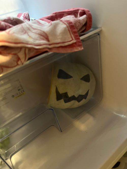 The original pumpkin is mostly eaten, but the wedge with its drawn face sits in our fridge veg crisper – looking out, watching.