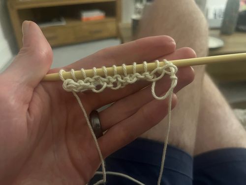 Me holding 2 knitting needles. They are slim, 25cm long. I have attempted the knit stitch, badly, with cotton.