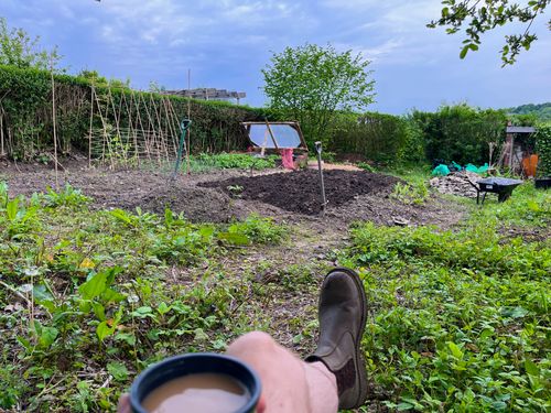 Crossed legs, tea in a thermos cup, a bright and pleasantly cool morning on the plot.