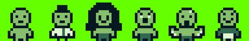 Blob pixel art people. From left to right: template person, business man, business women (such style), pandemic person (such despair), hench person, happy summer time person.